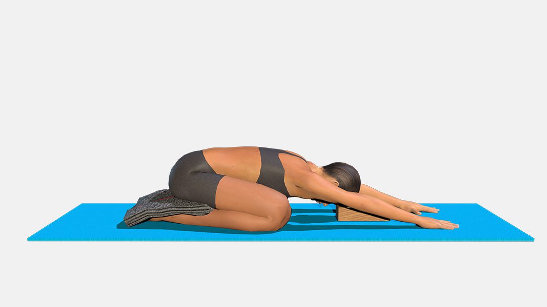 Adho Mukha Virasana (variation 2), blanket on heels and brick under forehead