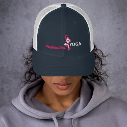 Navy and White Trucker Cap with Embroidered Tree Yoga Pose front