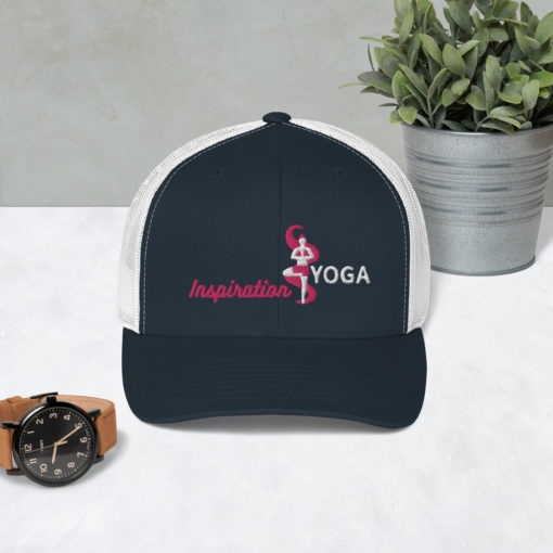 Navy and White Trucker Cap with Embroidered Tree Yoga Pose Watch front