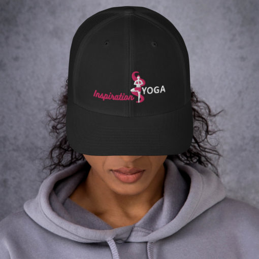 Black Trucker Cap with Embroidered Tree Yoga Pose front