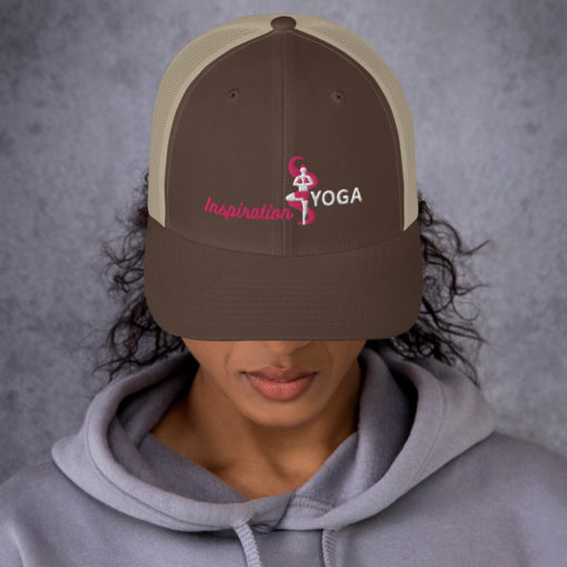 Brown and Khaki Trucker Cap with Embroidered Tree Yoga Pose front