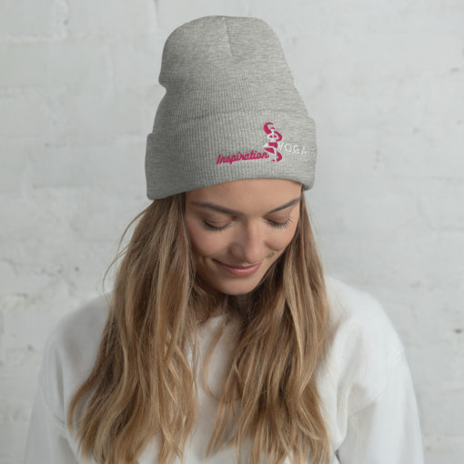 Cuffed Beanie with Embroidered Tree Yoga Pose