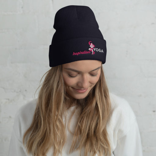Cuffed Beanie with Embroidered Tree Yoga Pose
