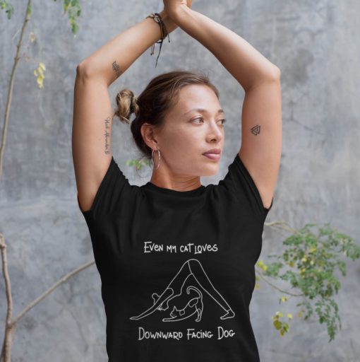 Black Yoga Shirt with funny cat message and Downward Facing Dog