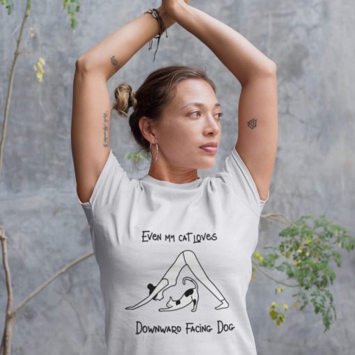 White Yoga Shirt with funny cat and Downward Facing Dog